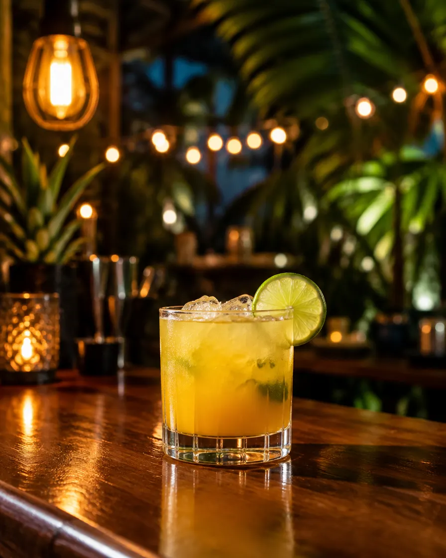 A cocktail on a wooden bar counter