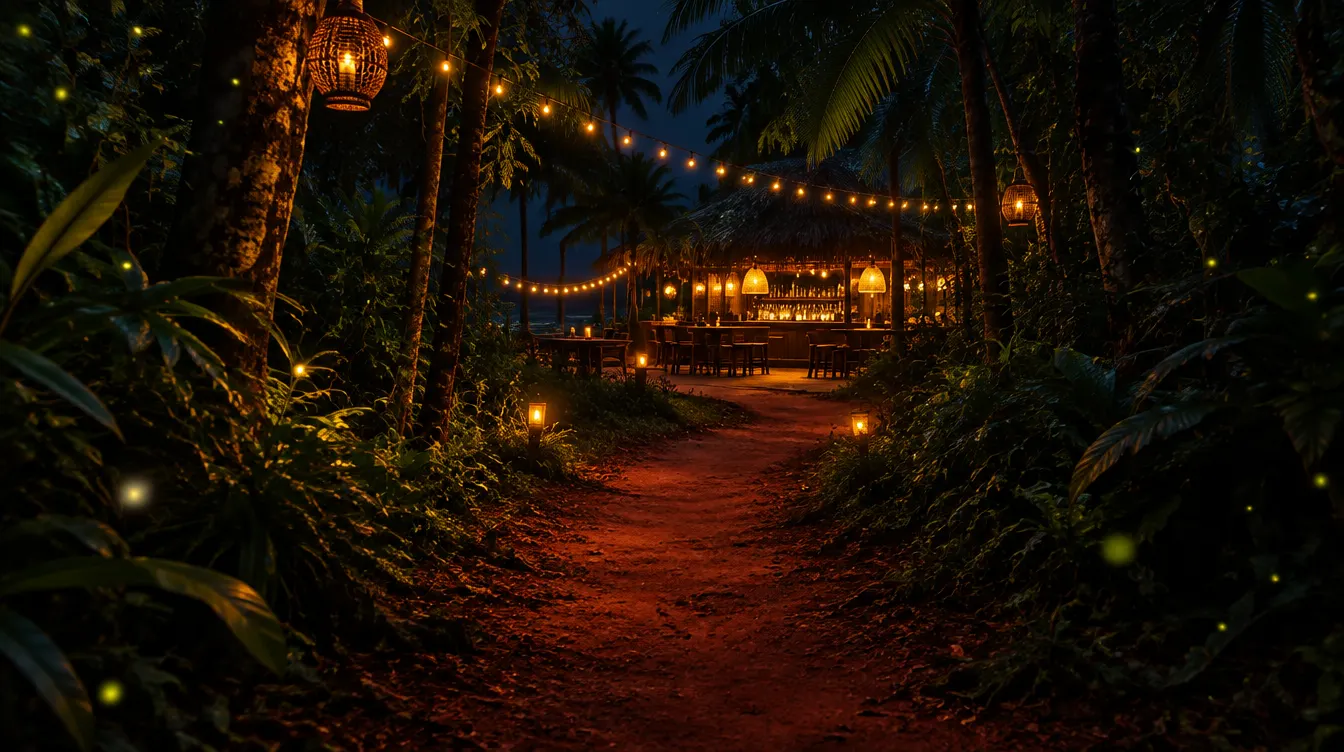 A red-earth path through trees leading to a glowing bar at night