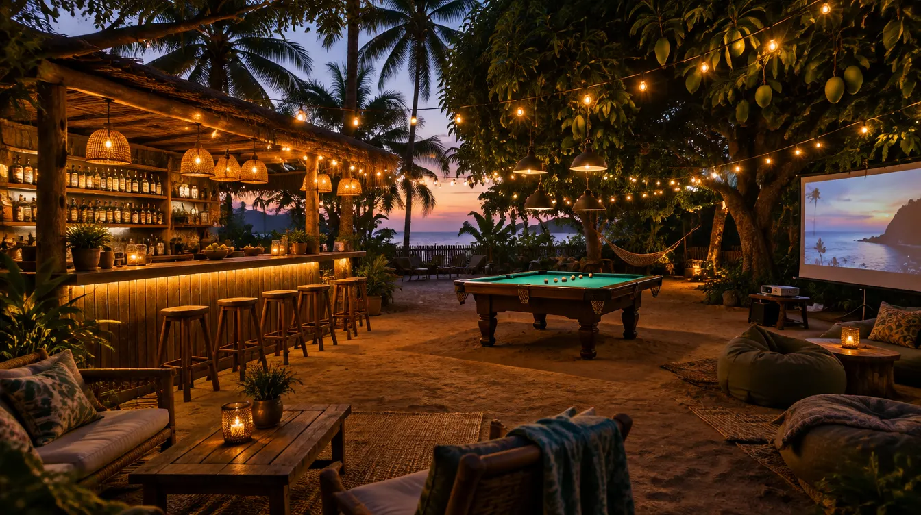 Open-air bar under string lights with a pool table